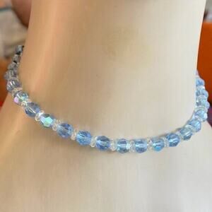 Blue Faceted 14” Crystal Necklace 1950s Beaded Choker Clear Spacer Bead Vintage